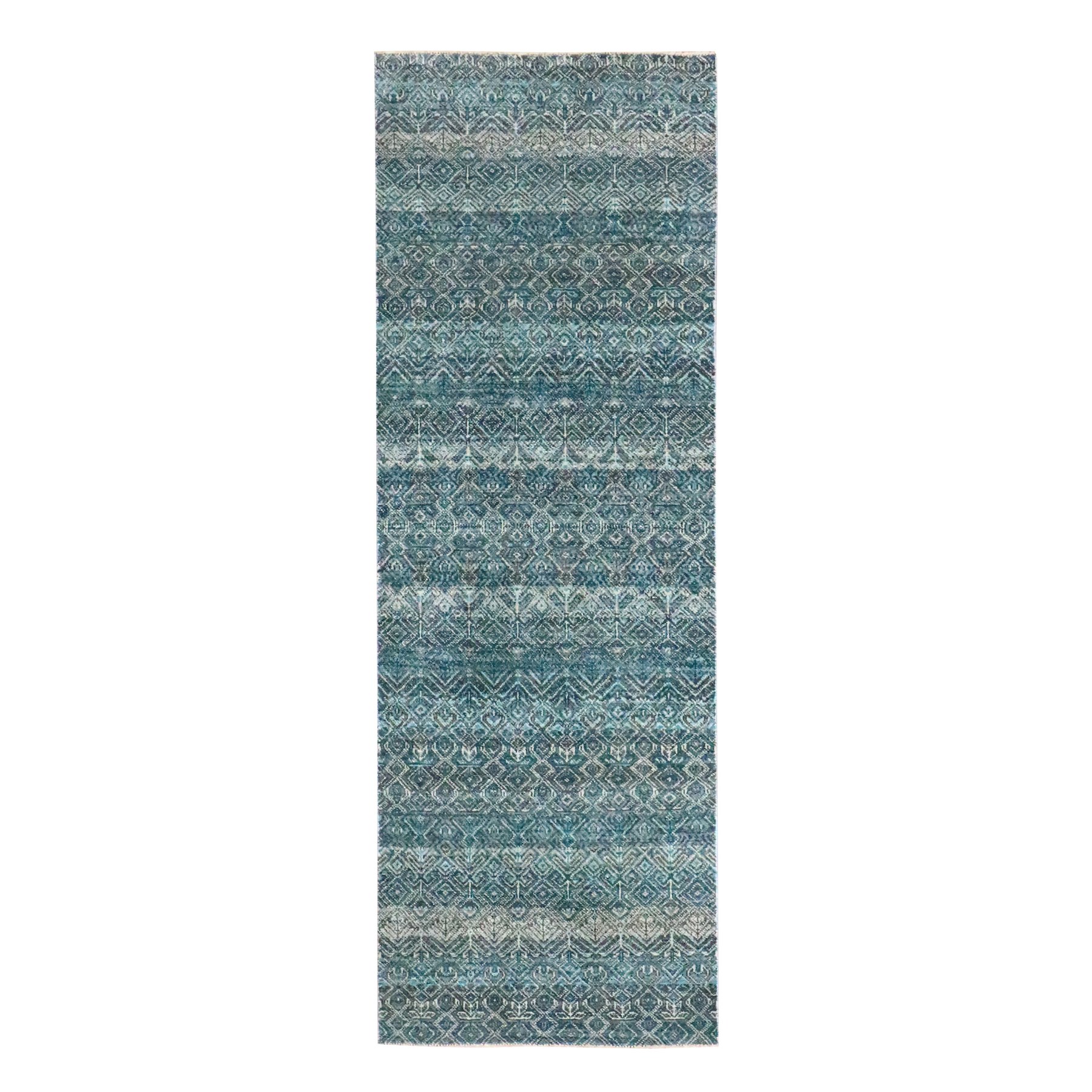 2'7"x7'7" Teal Blue, Kohinoor Herat Pattern, Small Geometric Repetitive Diamond Design, Soft Pile, Pure Wool, Tone On Tone, Hand Knotted, Runner, Oriental Rug 